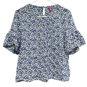 Vince Camuto Blue White Floral Tiered Sleeve Blouse size S Office Casual